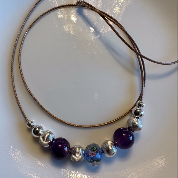 Hand Crafted Jewelry - HAND CRAFTED Amethyst Murano Rose Silver Beads on Golden Tan cord 25” Necklace